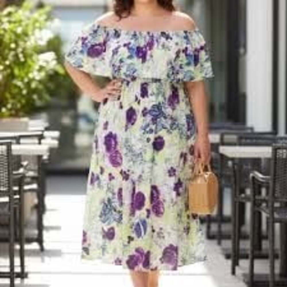 Torrid Purple and Yellow Floral Challis Off-Shoulder Maxi Dress Size 1